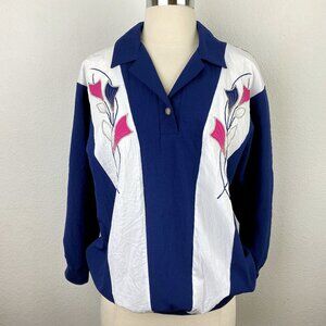 Vintage 80s Graff Blue White Bold Blouse Large Crepe Appliqué Western Boho USA